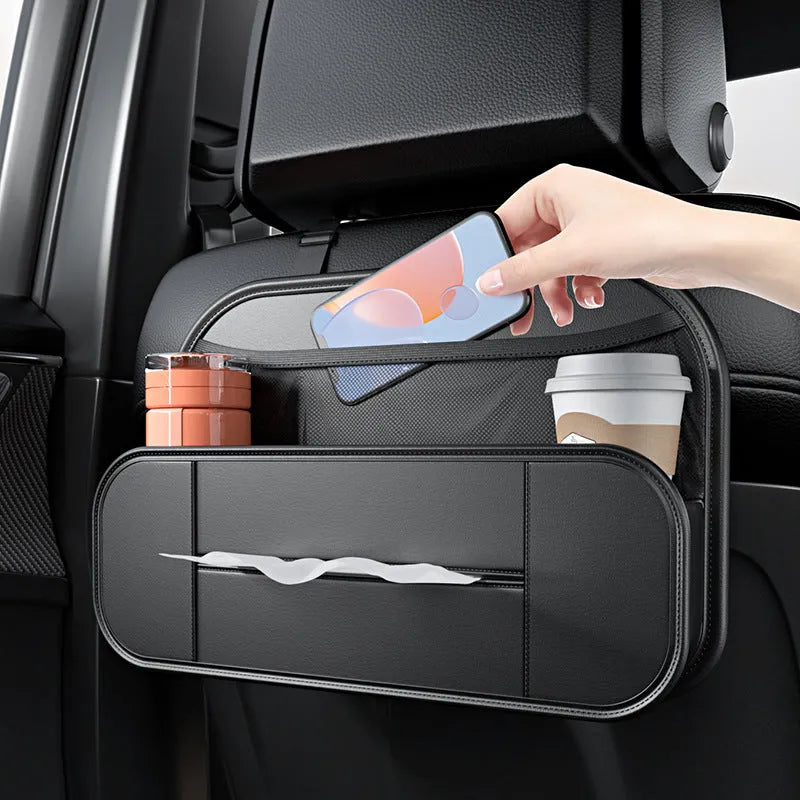 Black leather car seat rear storage bag showing its storage box design and dimensions.