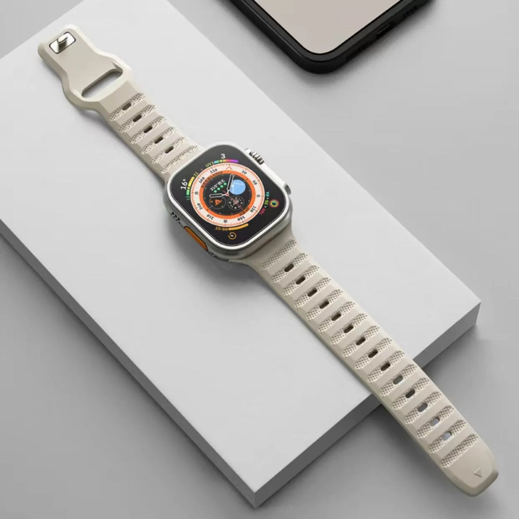Ultra Fluoro Rubber Watch Band in multiple colours shown with T buckle, compatible with Apple Watch.
