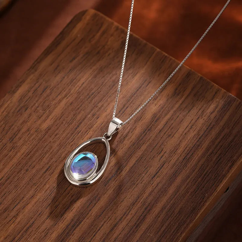925 sterling silver moonstone pendant necklace with white gold colour box chain, crystal inlay, 41-50cm perimeter