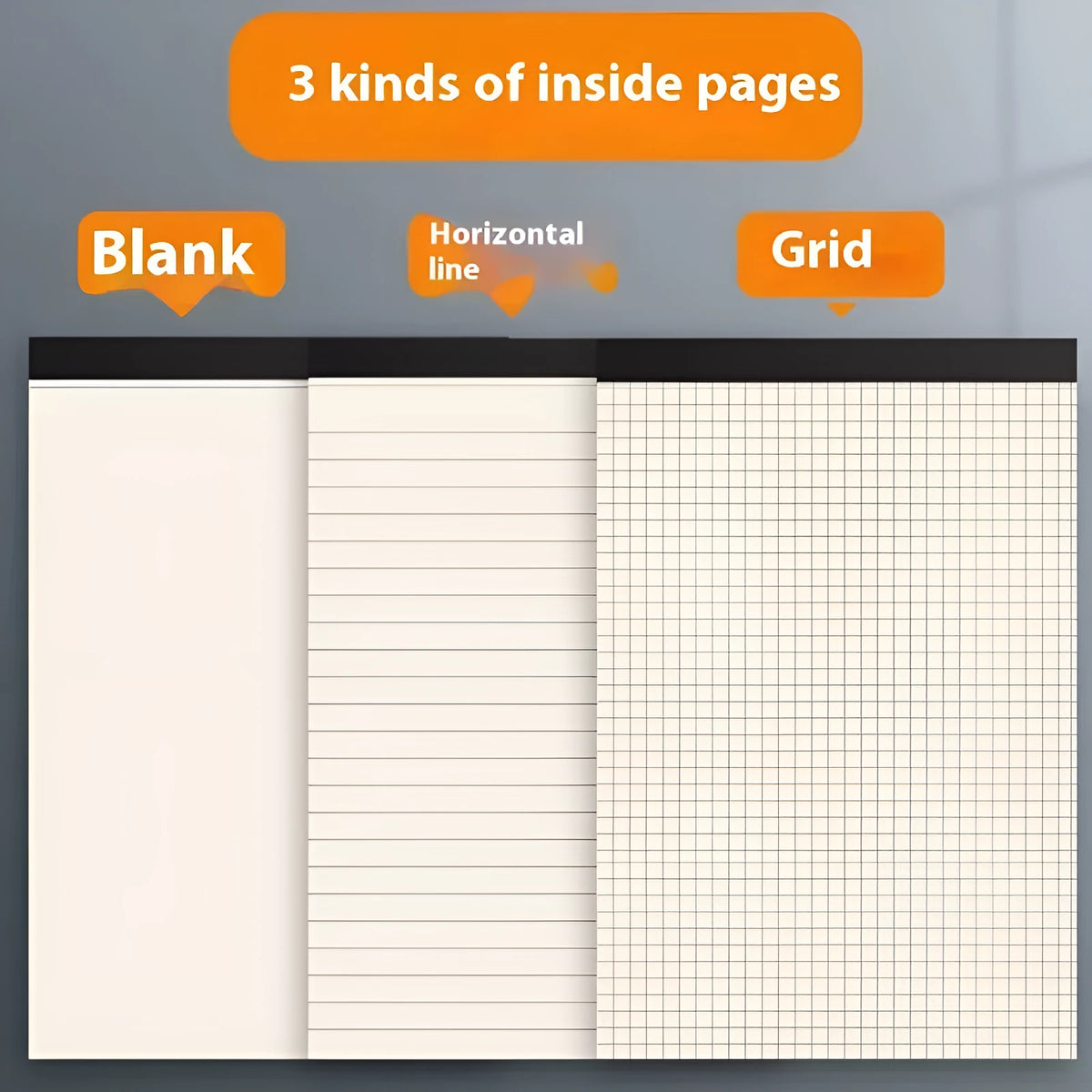 A4 A5 B5 writing pads showing horizontal line, grid and blank page options with 80 sheets