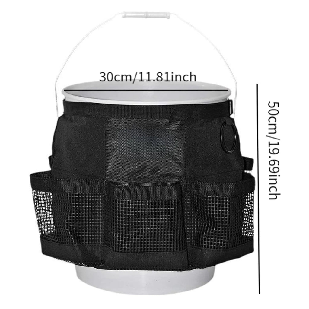 Black cylindrical polyester storage bag mounted on 5 gallon barrel for car washing and fishing gear organisation