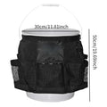 Black cylindrical polyester storage bag mounted on 5 gallon barrel for car washing and fishing gear organisation