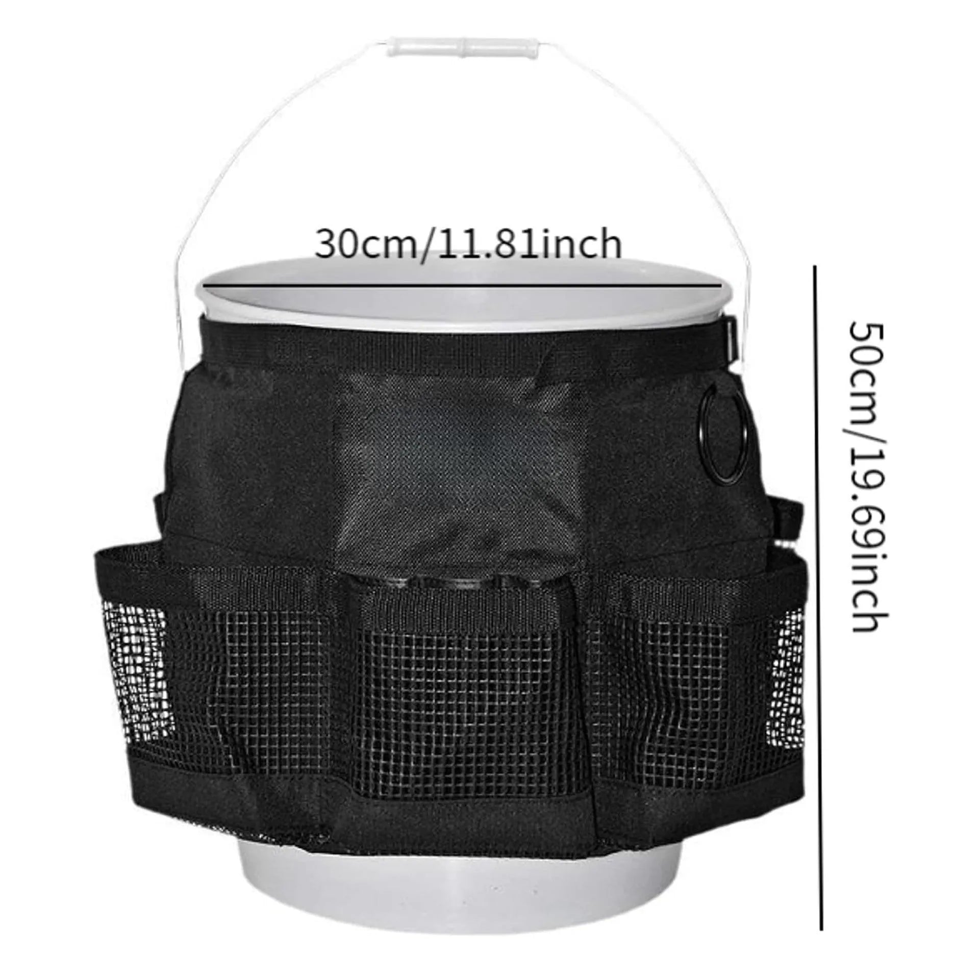 Black cylindrical polyester storage bag mounted on 5 gallon barrel for car washing and fishing gear organisation