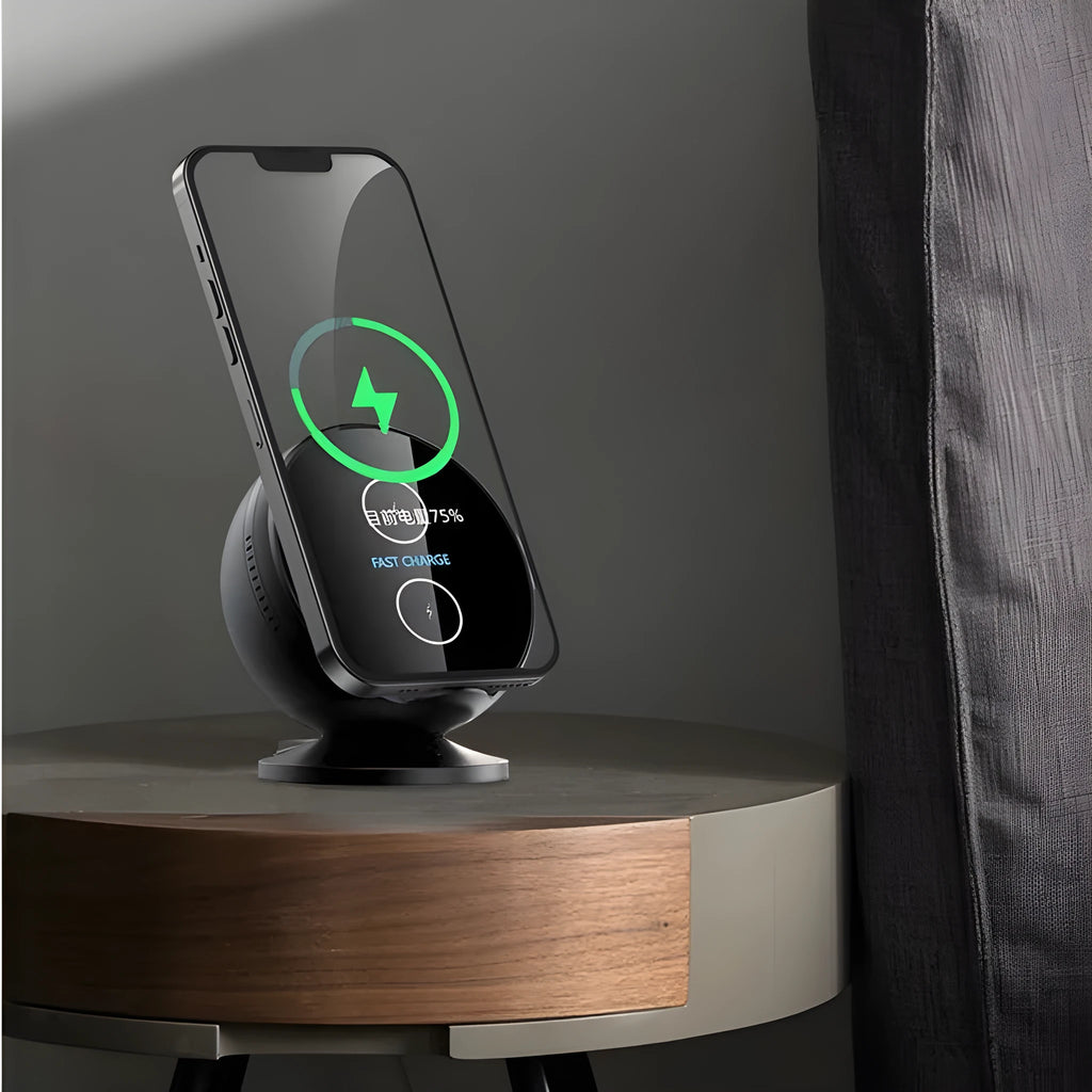 XC-11 wireless phone charger holder with Bluetooth stereo in black, blue, pink, or white colours