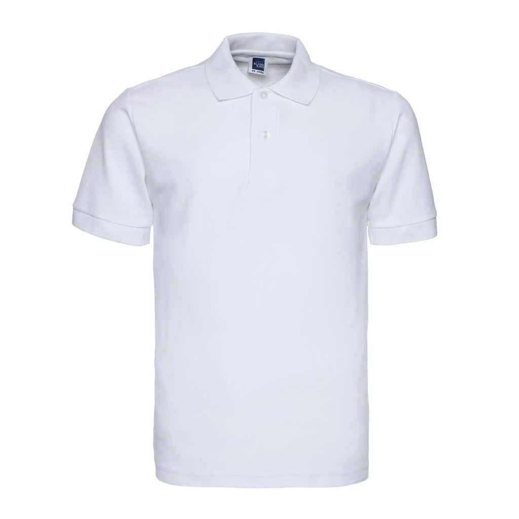 A plus size model wearing a solid colour short sleeve polo shirt with a lapel collar.