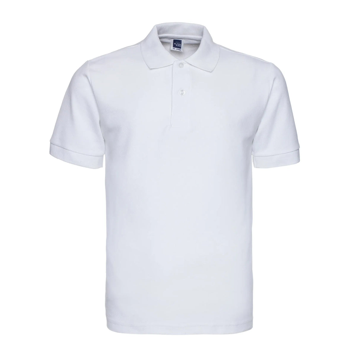 A plus size model wearing a solid colour short sleeve polo shirt with a lapel collar.