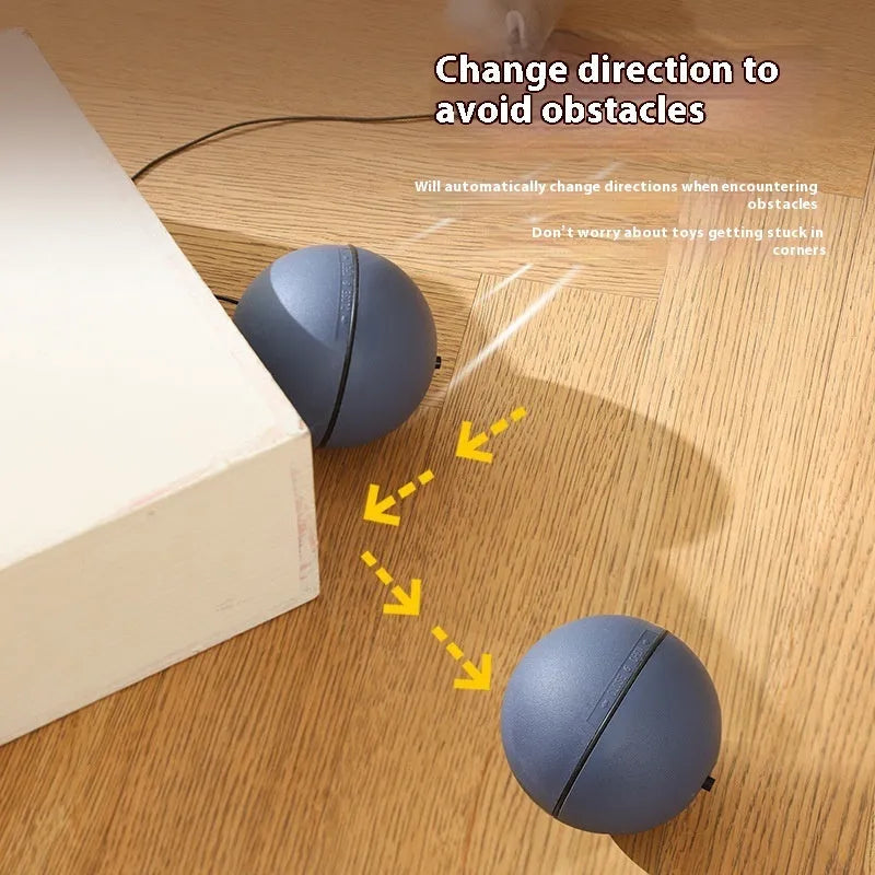 Automatic cat teasing ball toy with plush mouse attachment in blue orange and dark grey colour options