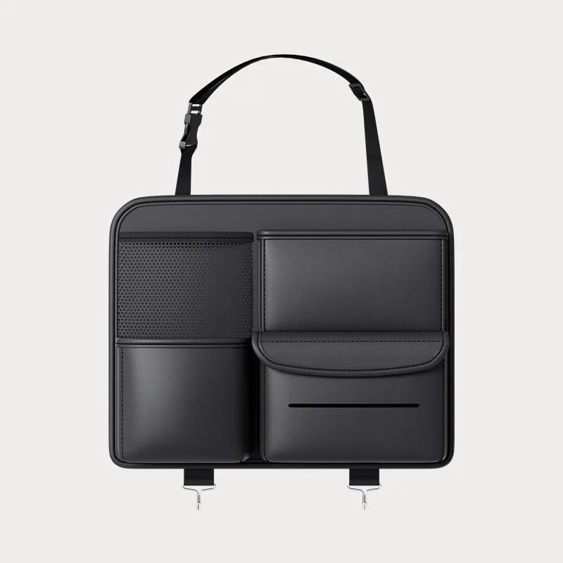 Black leather car seat back hanging storage bag with handle in two size options
