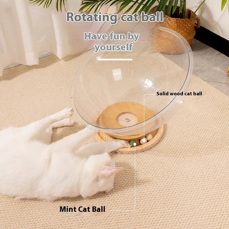Transparent acrylic cat space capsule bed with turntable base on wooden floor