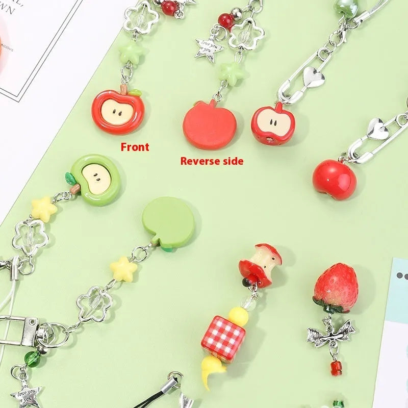 Plastic resin iPhone charm bag pendant keychain with fruit patterns including apple core and strawberry designs