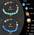 Two natural stone zodiac sign bracelets with elastic cords showing bead detail