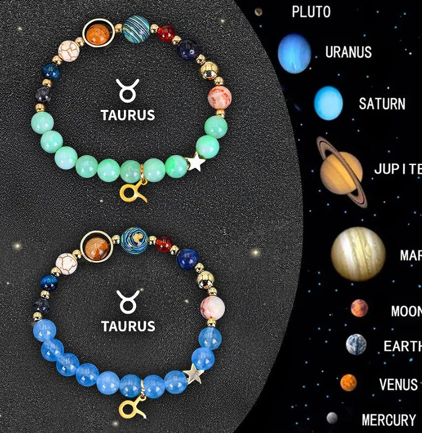 Two natural stone zodiac sign bracelets with elastic cords showing bead detail