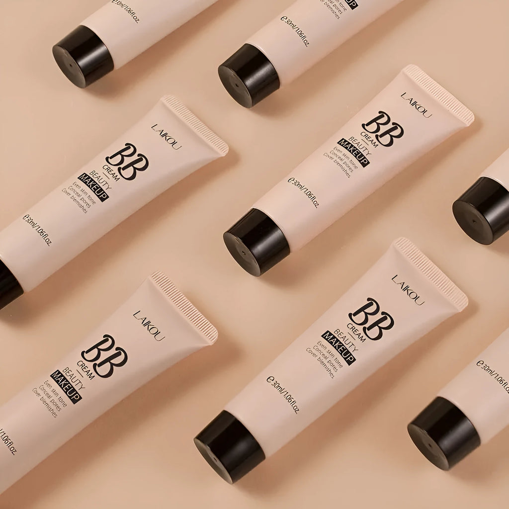 Natural Makeup BB Cream 30ml bottle showing nine shade options from Ivory White to Brown