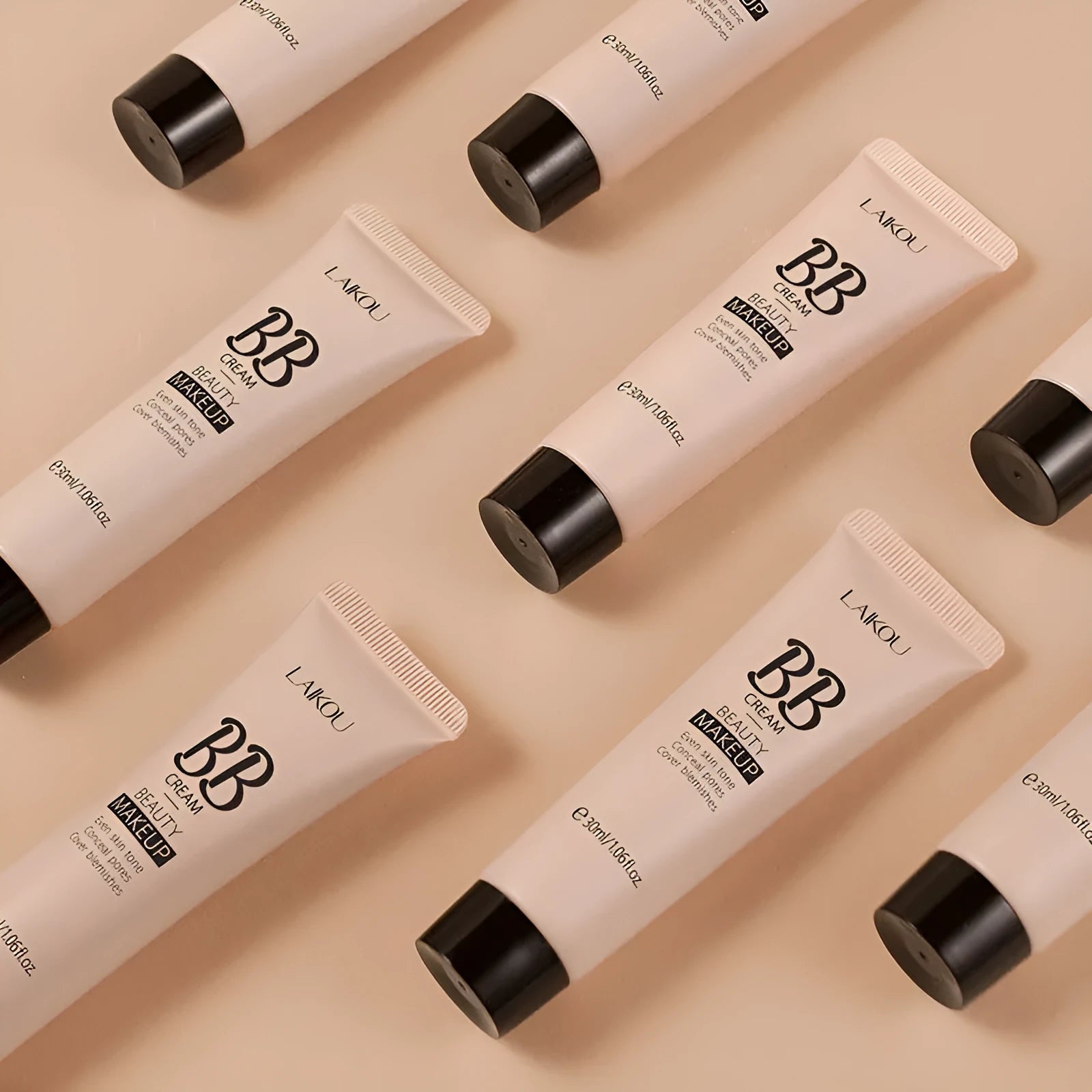 Natural Makeup BB Cream 30ml bottle showing nine shade options from Ivory White to Brown