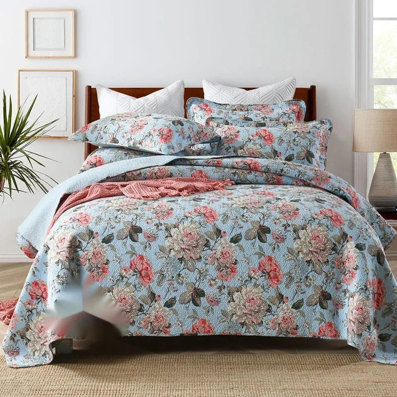 Pure cotton bedspread three-piece set with geometric pattern showing bed cover and pillowcases