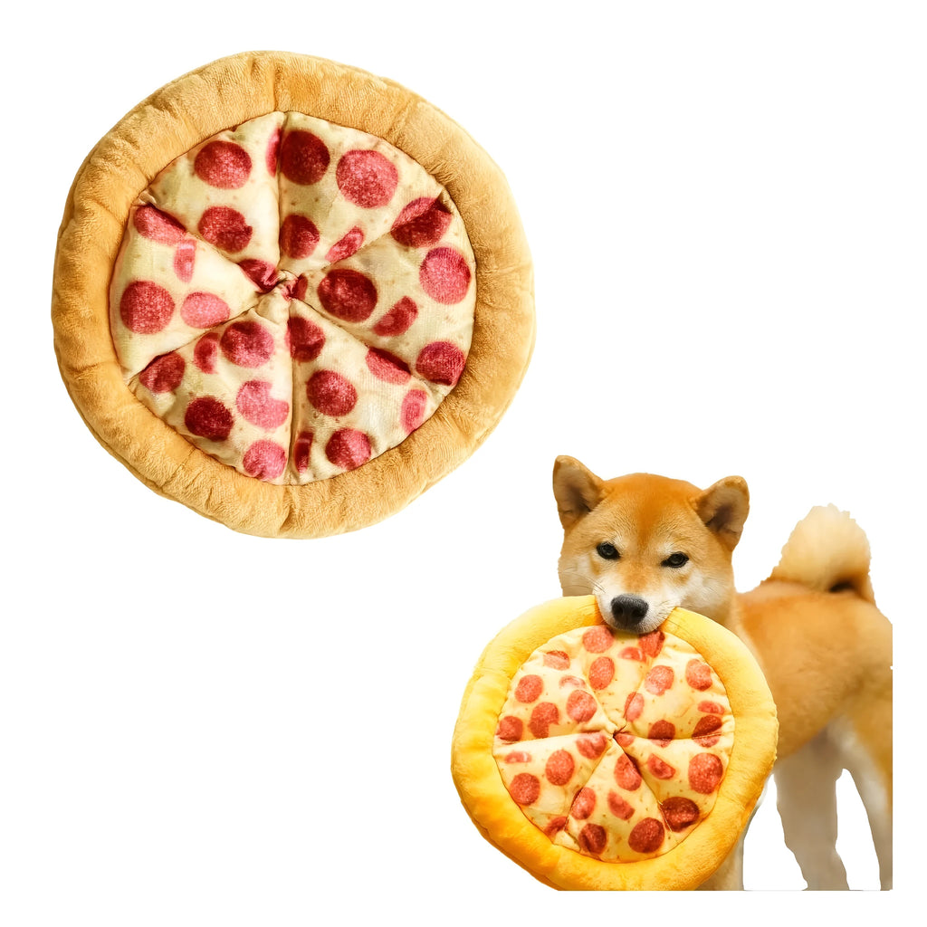 Yellow teddy bear dog chew toy with pizza design details for interactive play and dental care