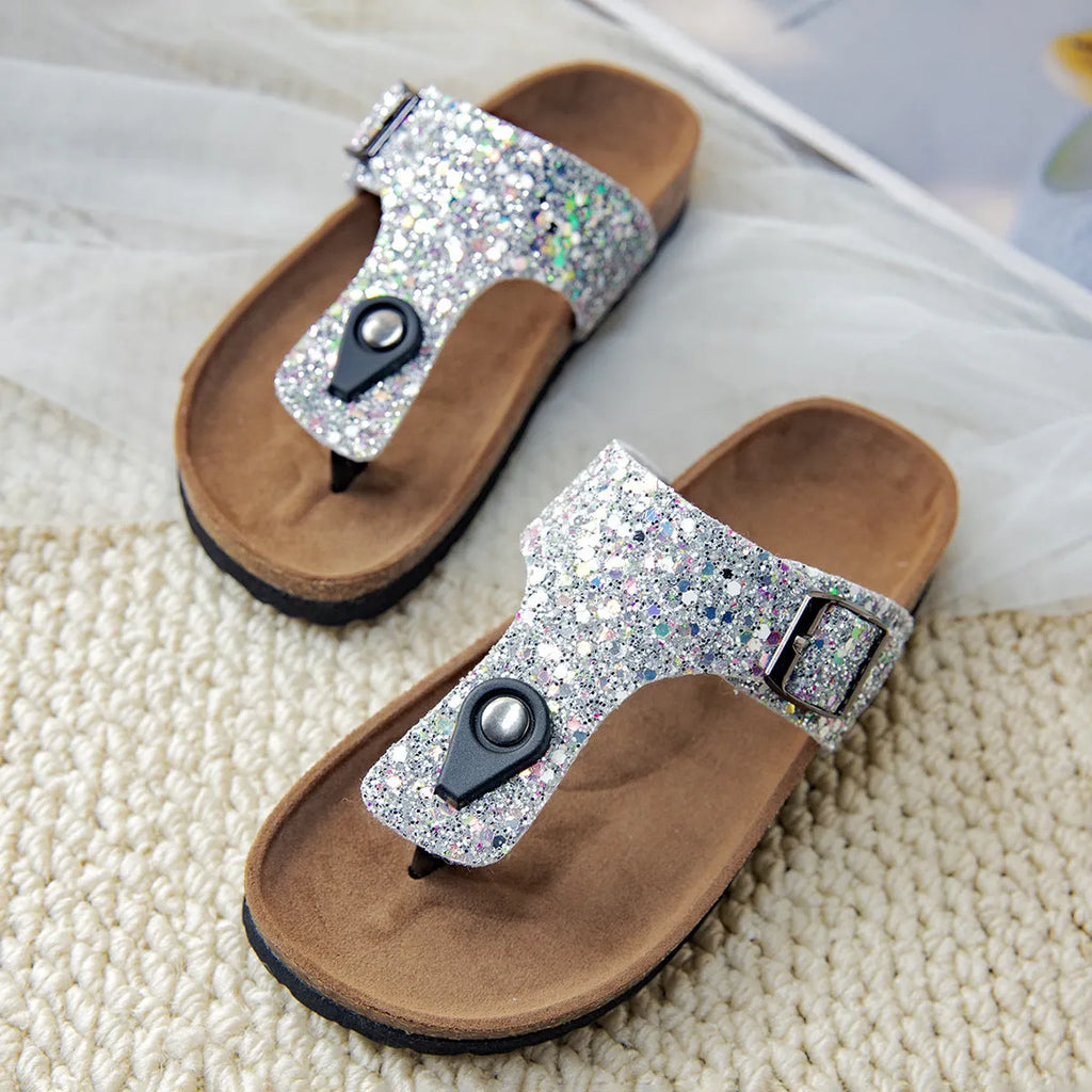Frosted gold cork flip-flops with artificial leather upper and PVC sole