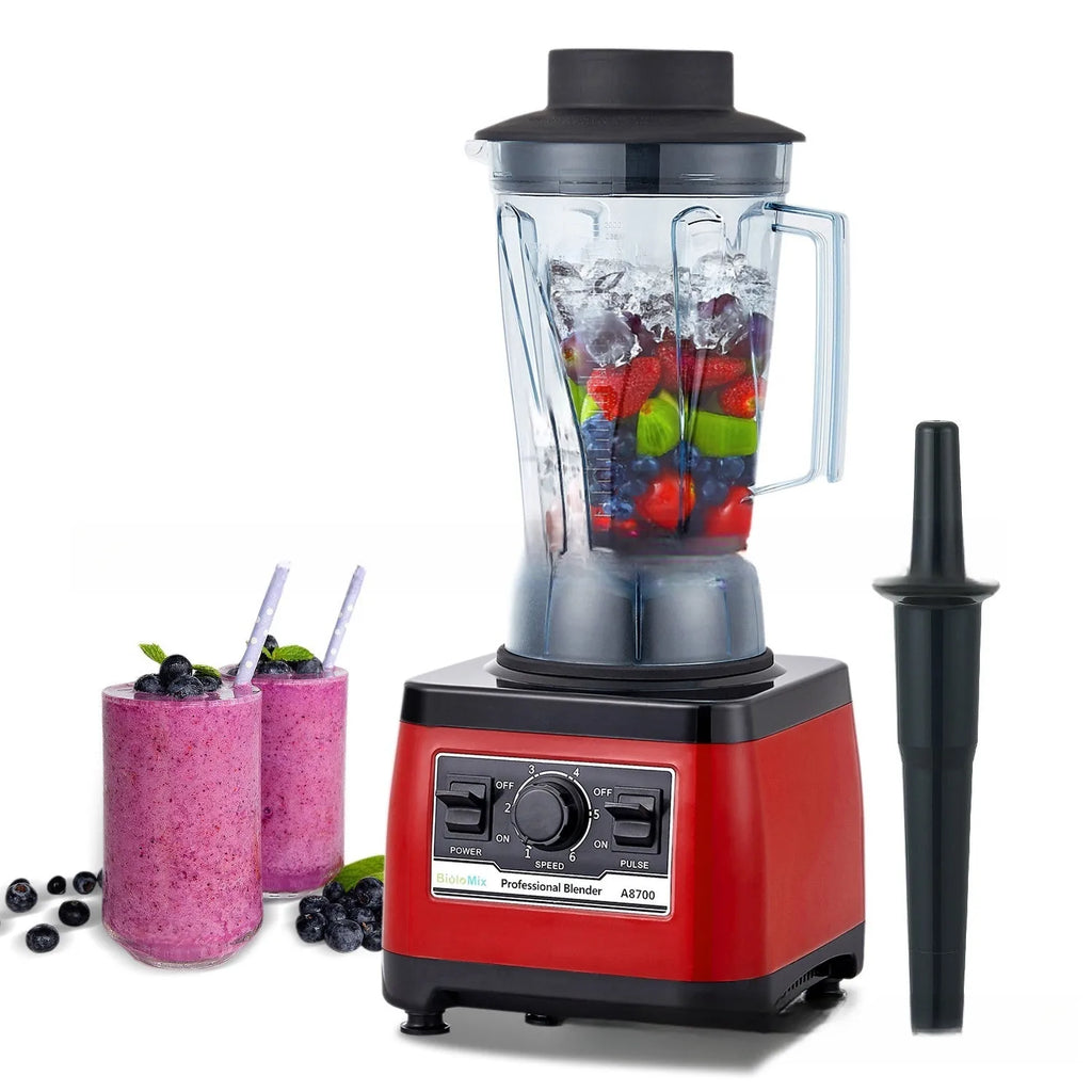Red commercial blender with stainless steel jug, model A8700, on a countertop.