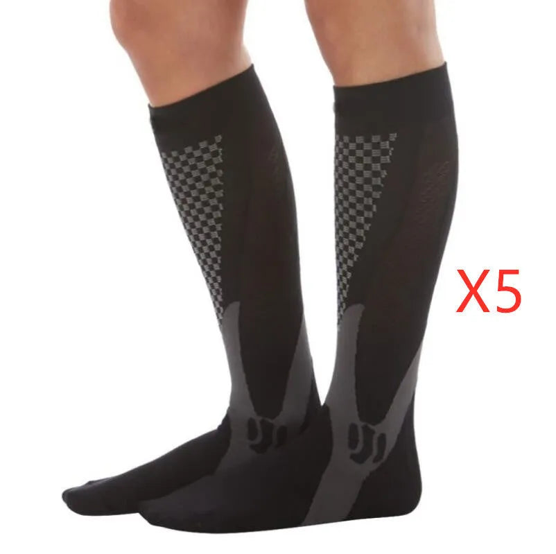 A pair of graduated compression socks for men and women in an athletic style, shown in a colour option like black or blue.