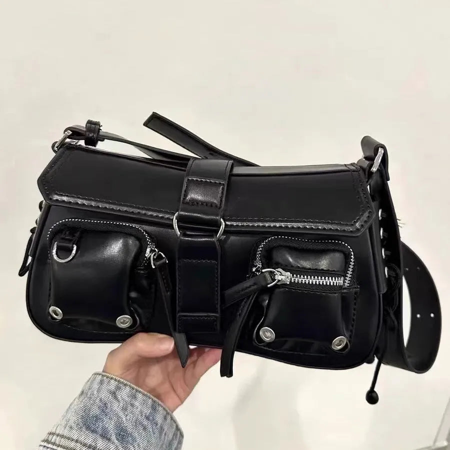 Black structured PU leather women's messenger bag with an adjustable shoulder strap.