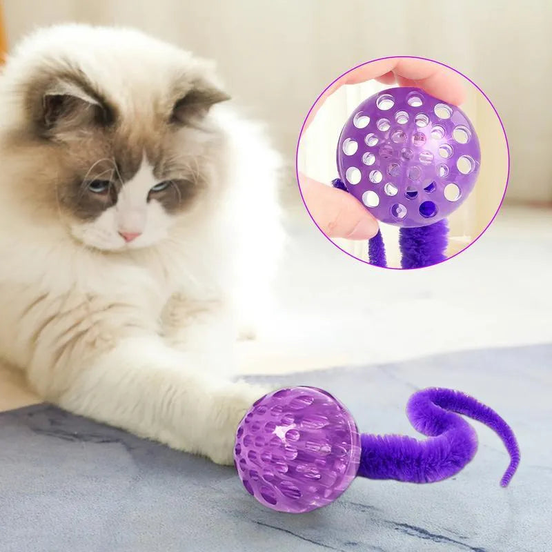 Interactive bouncy ball cat toy with worm tail in green, pink, or purple colours