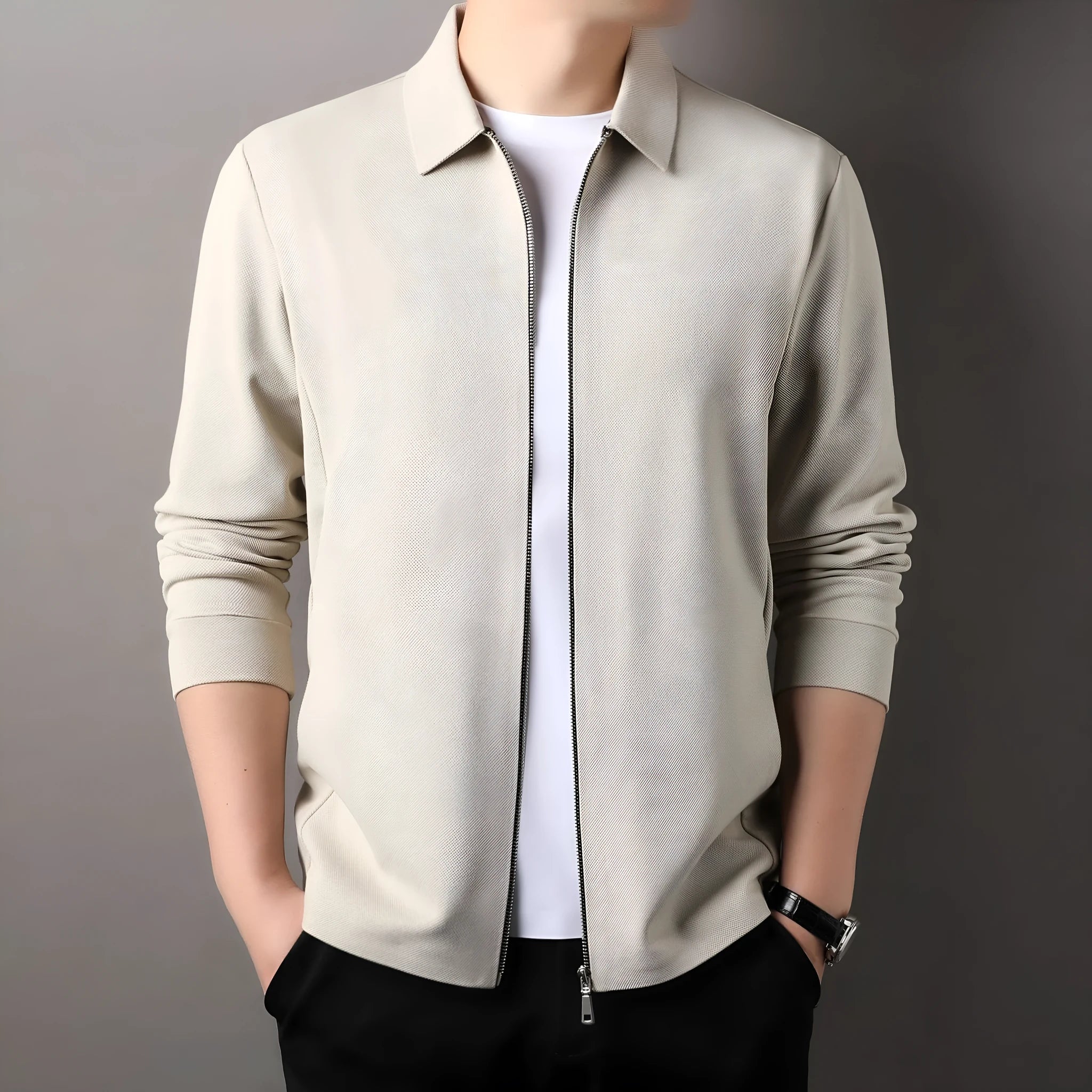 Men's jacket in polyester fabric, shown in black, dark grey, and apricot colours, featuring long sleeves and a straight hem.