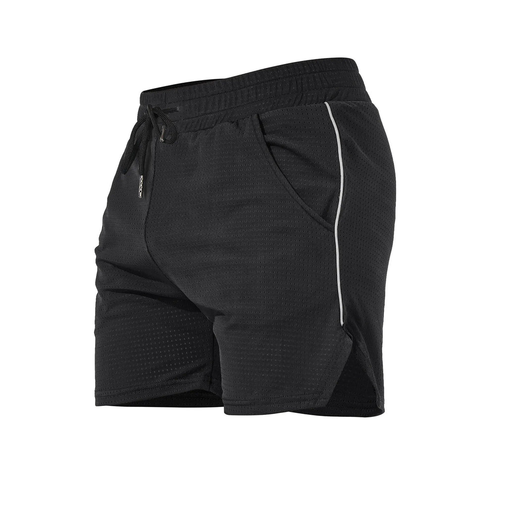 Men's black polyester straight-leg fitness sports shorts on a grey background.