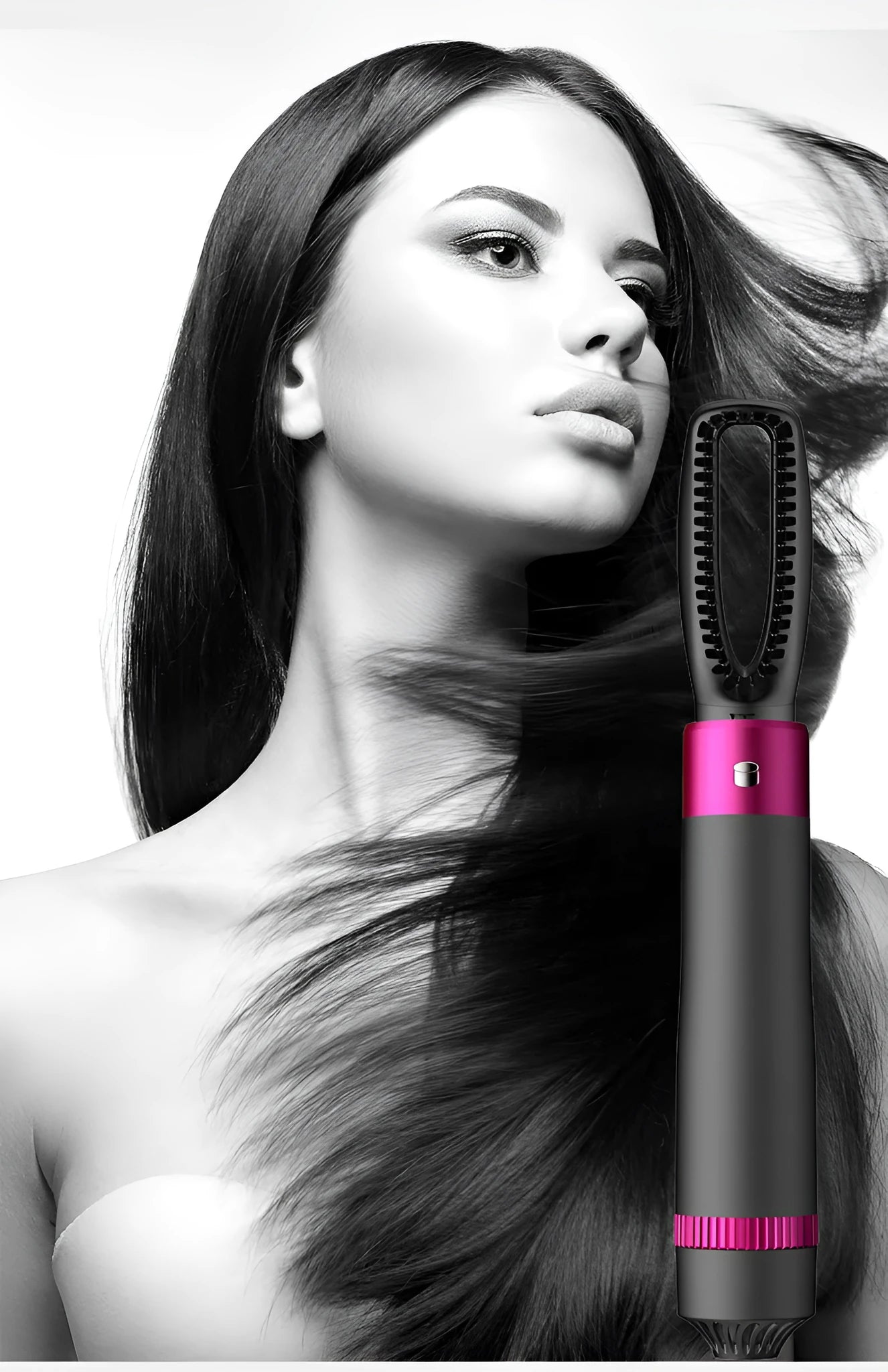 Dyson grey 5-in-1 hair dryer brush styler with five brush attachments on a white background.