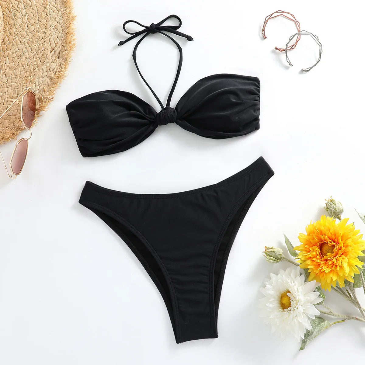 Black women's bikini set with lace-up tube top and briefs swim bottom