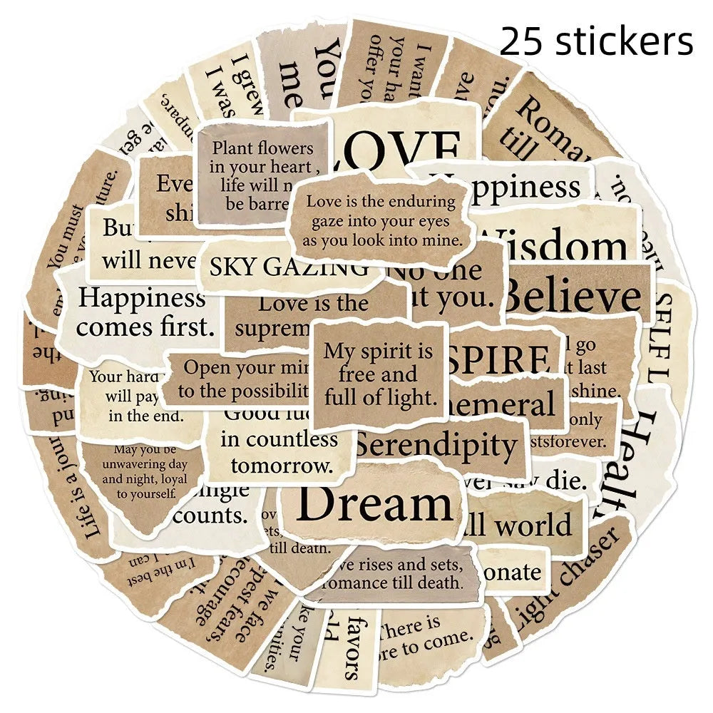 Pack of 25 torn English style PVC waterproof stickers for laptop and notebook decoration measuring 4-7cm