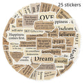 Pack of 25 torn English style PVC waterproof stickers for laptop and notebook decoration measuring 4-7cm