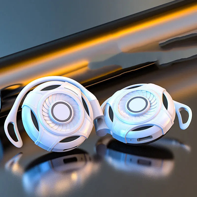 Black Bluetooth gaming earphones with hanging ear type design and USB charging cable