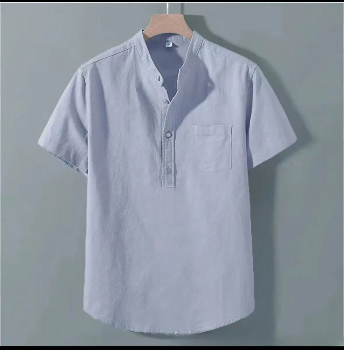 Men's casual short sleeve linen shirt with stand collar in slub fabric, loose fit pullover style