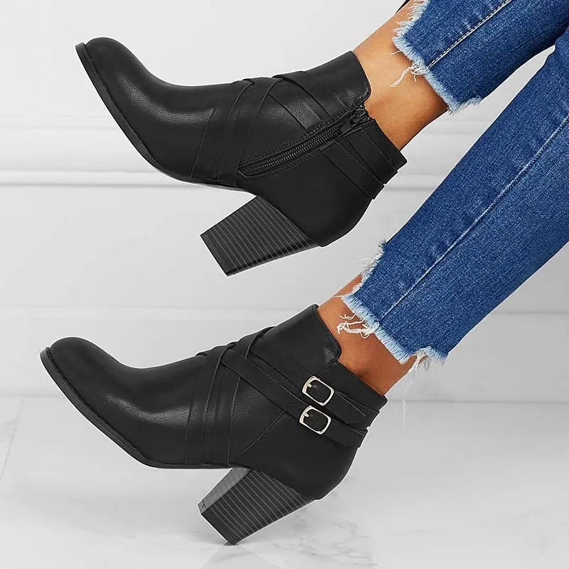 Women's plus size short boots with 7cm heels in black, brown, or grey with side zipper and belt buckle