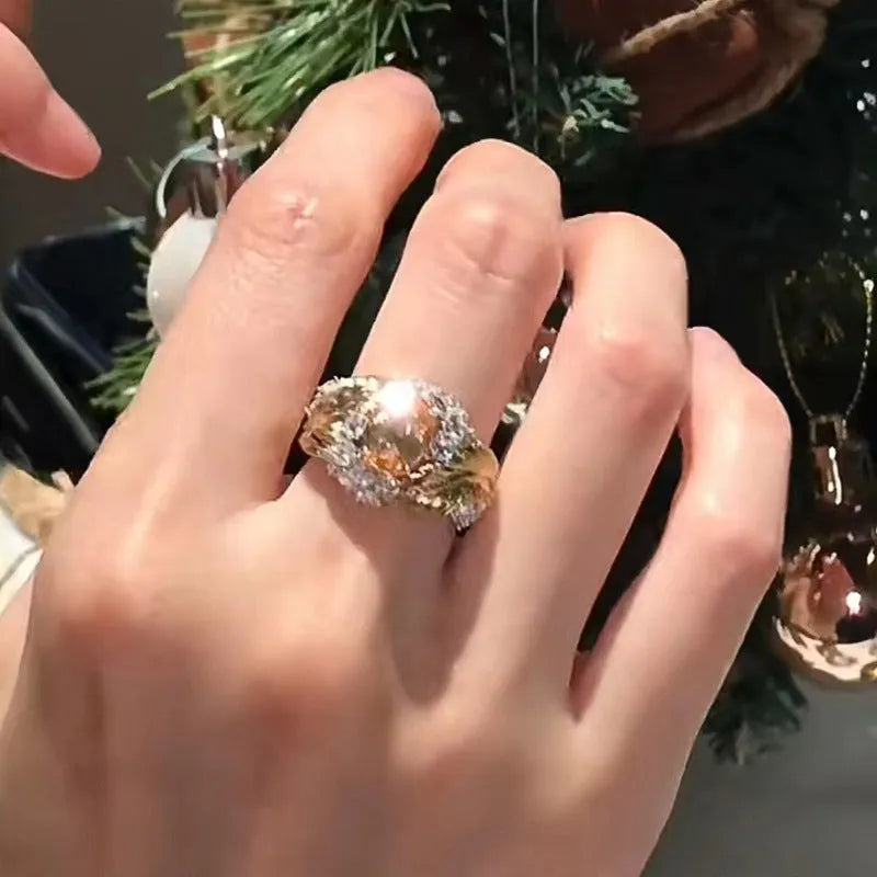 Gold copper feather embossed ring with yellow zircon stones for women