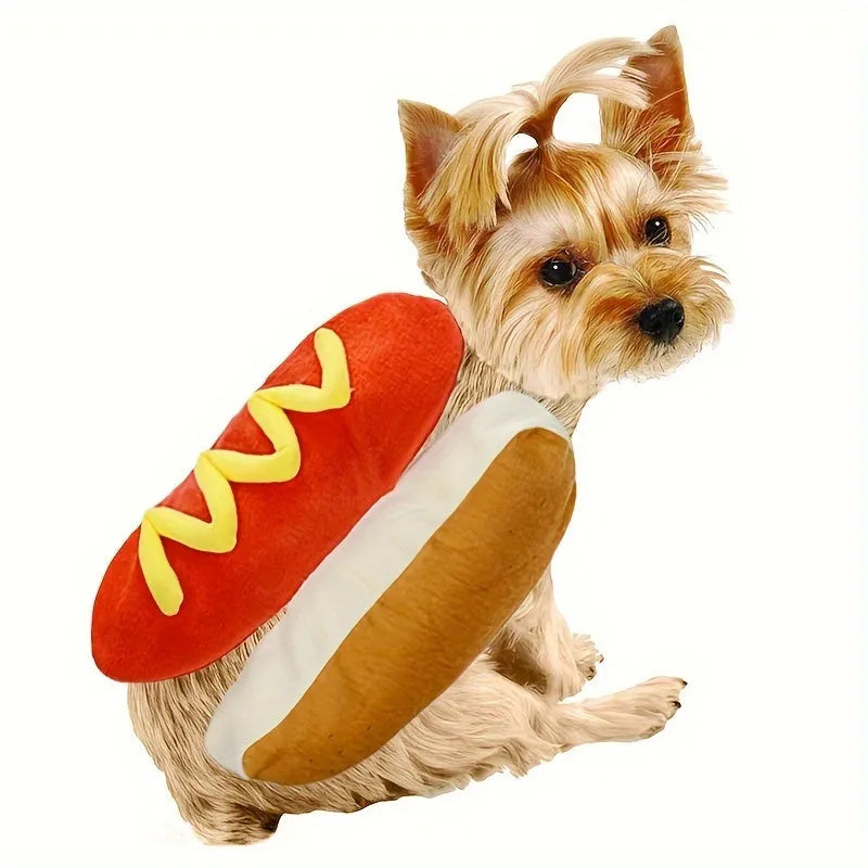 Hot dog costume on small dog with soft plush fabric and adjustable straps