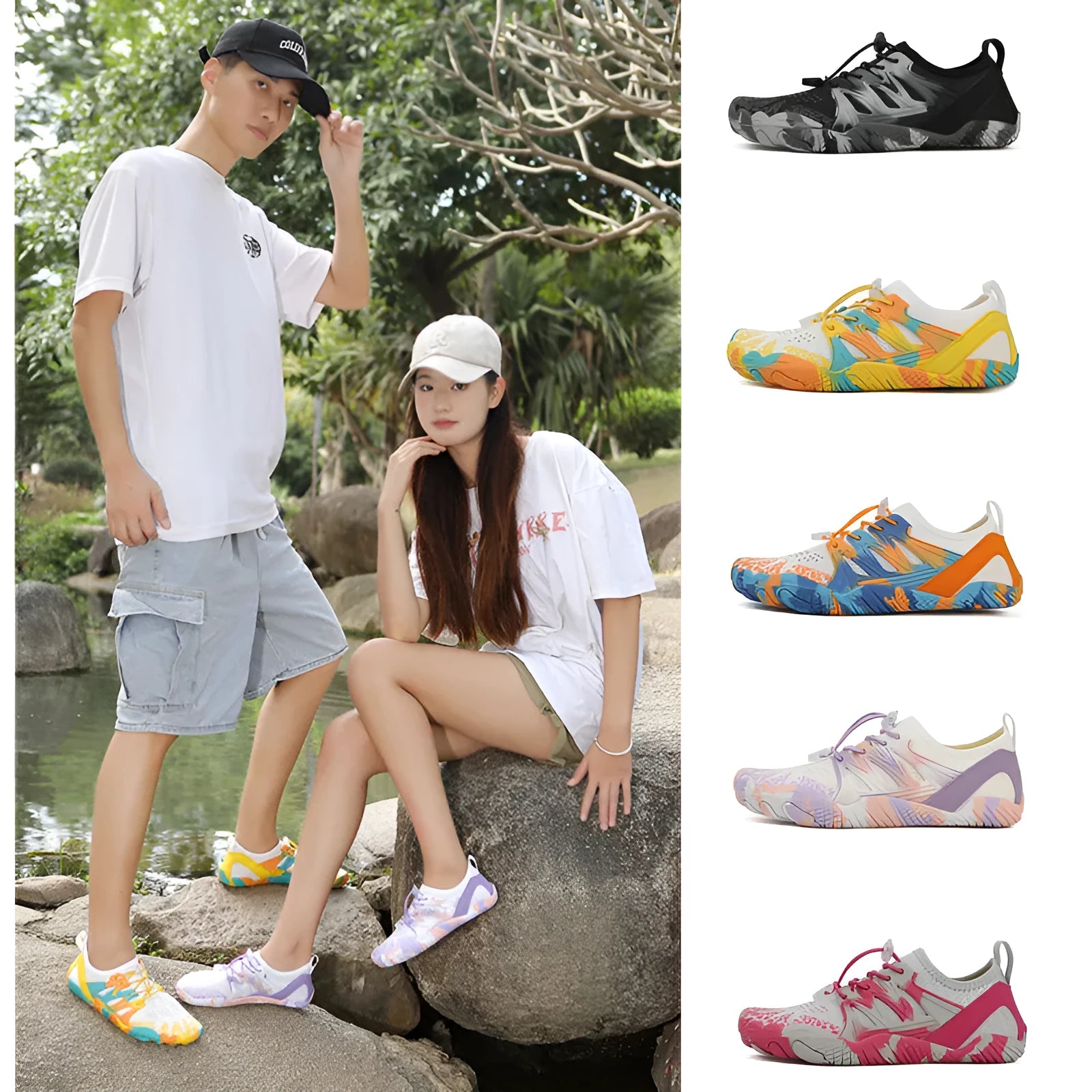 Quick-drying lace-up wading shoes in multiple colours with mesh upper and textured rubber sole.