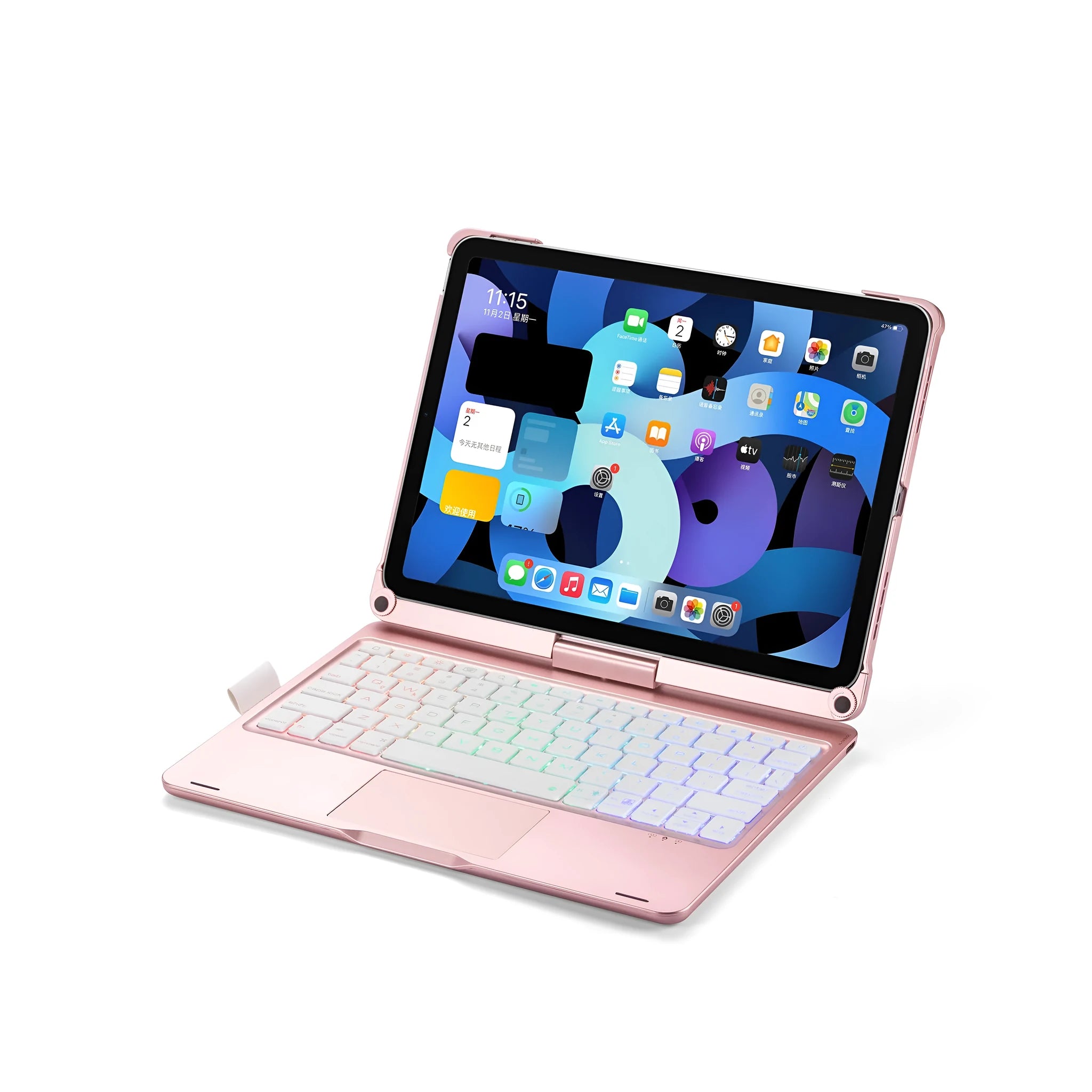 Silver rotating Bluetooth keyboard with backlit keys next to an iPad.
