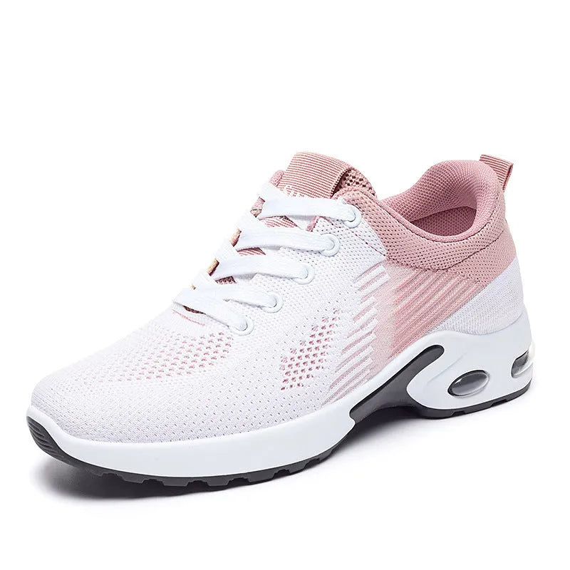 Women's Flyknit casual running shoes in striped pattern with flat PVC sole and lace-up design