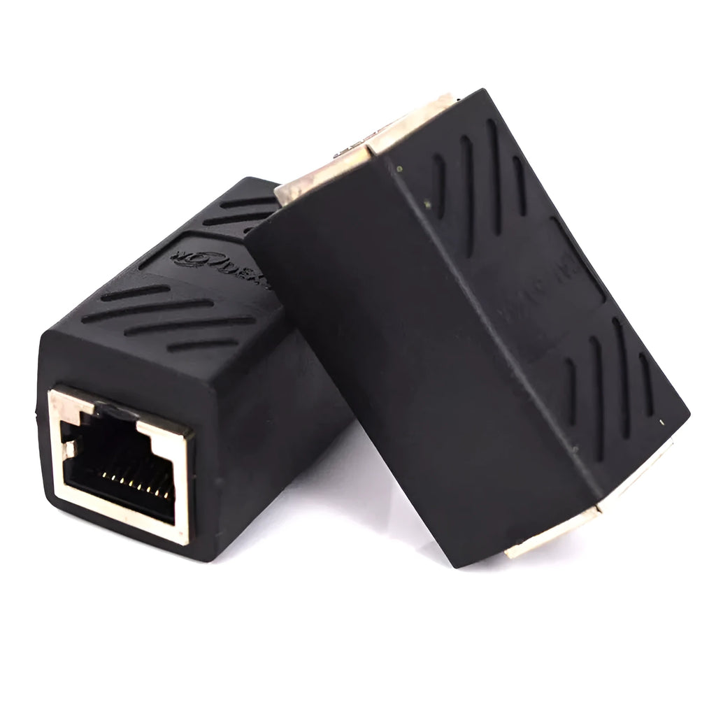 Black RJ45 network cable extender adapter for connecting two Ethernet cables