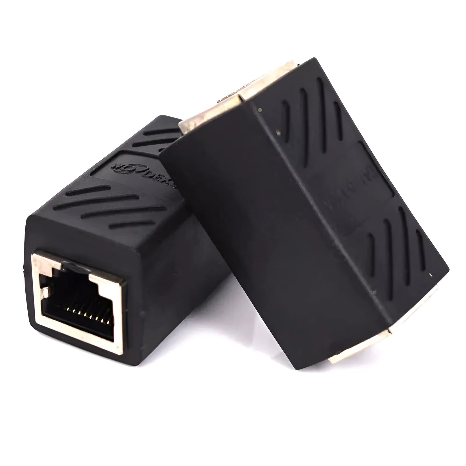 Black RJ45 network cable extender adapter for connecting two Ethernet cables