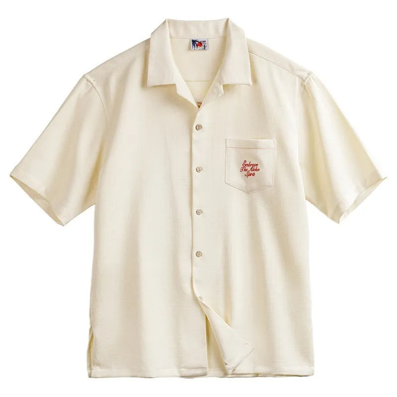 Light apricot men's Cuban collar shirt with bamboo plant and flower pattern