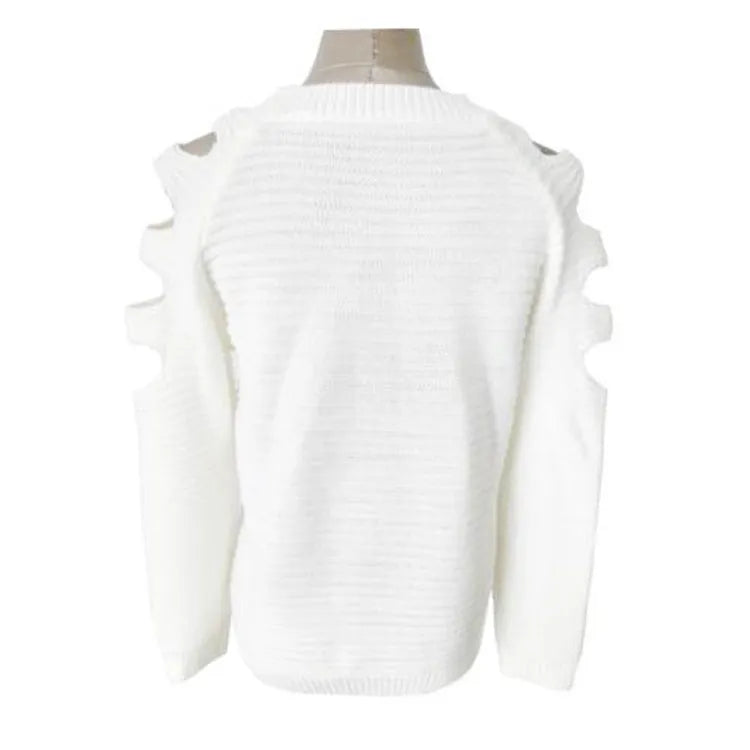 Women's white knitted bottoming shirt with hollow-out crochet detail showing round neck and long sleeve construction