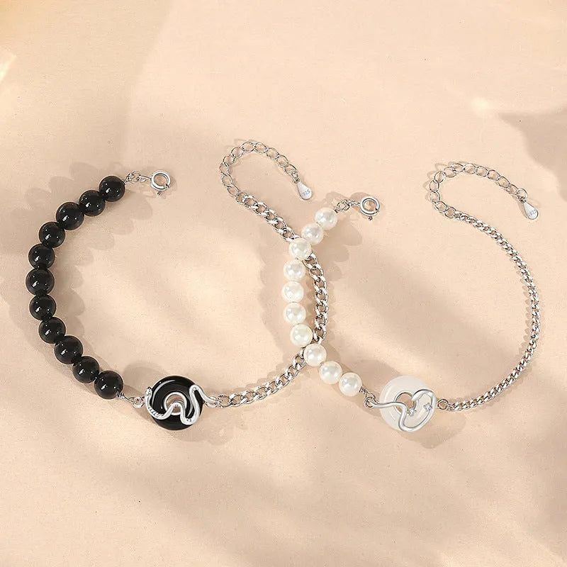 925 sterling silver couple bracelet with obsidian pearl and safe buckle in New Chinese style