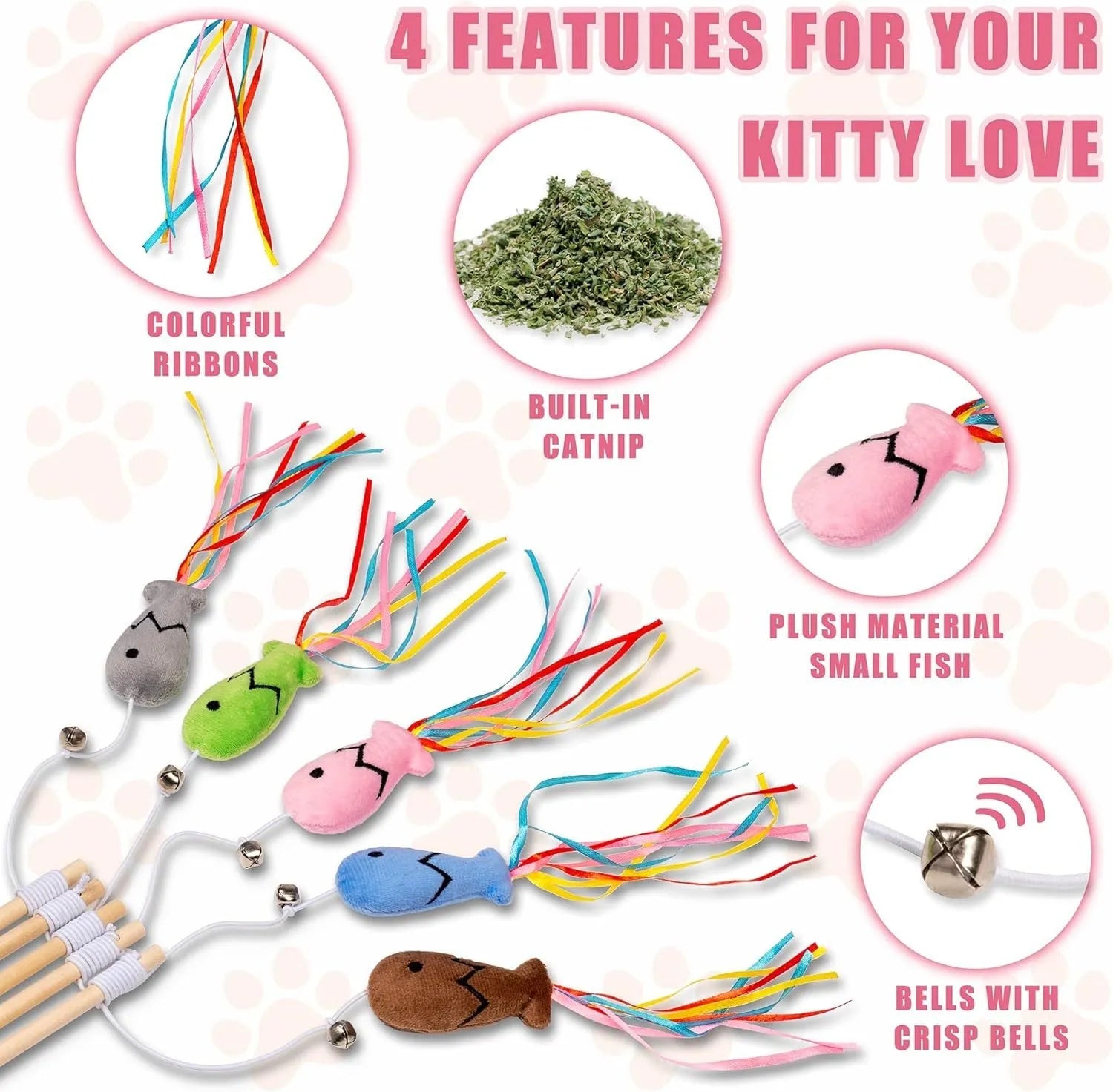 Wooden handle cat wand toy with catnip fish, colourful ribbons, and a bell for interactive play.