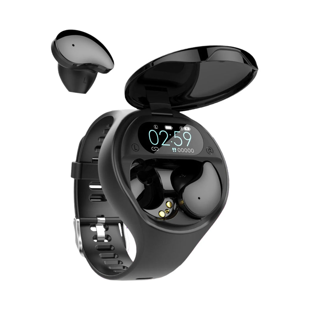 Black smart fitness bracelet with detachable Bluetooth earbuds for heart rate and step tracking