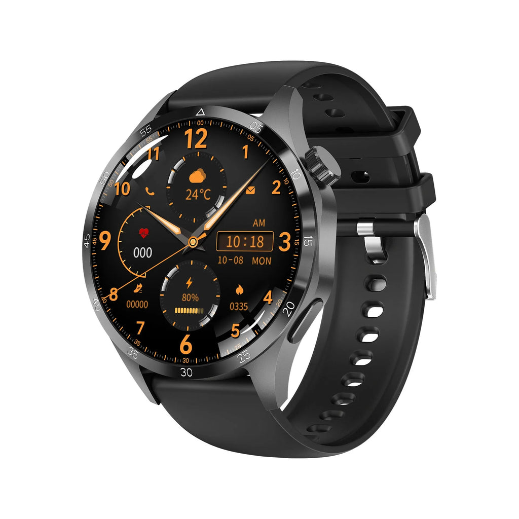 Black Bluetooth smartwatch with touchscreen showing health stats, available with silicone or Milan mesh strap.