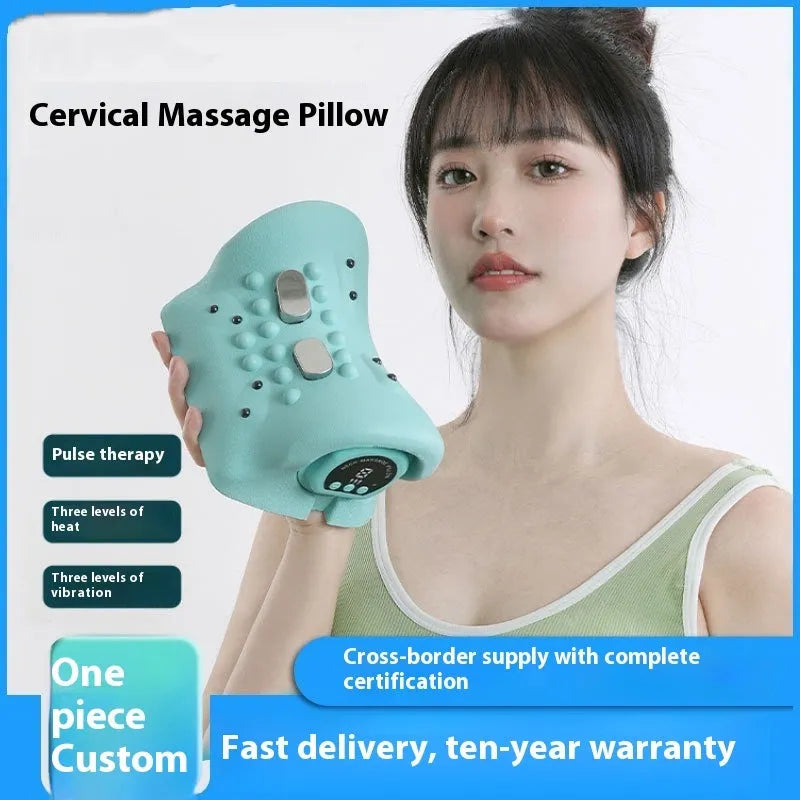 Blue-green cervical massage pillow with EMS, vibration and hot compress functions measuring 17x10x12cm
