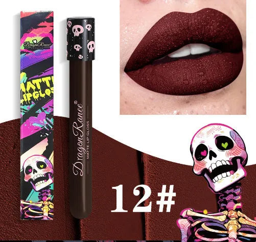 DR160 retro matte lip gloss tube for Halloween makeup in waterproof formula.