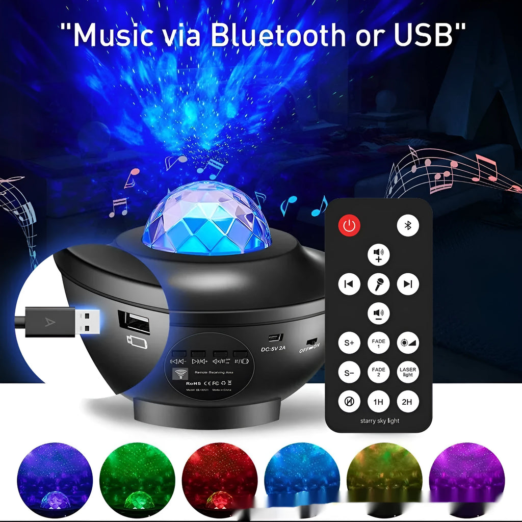 Black parallel starry sky projection lamp with water ripple laser effects and Bluetooth speaker